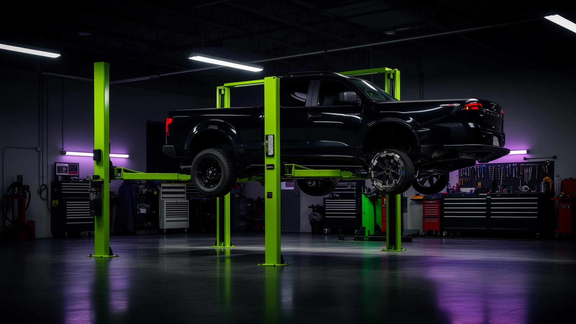 Pickup truck raised on a two-post lift in a professional shop