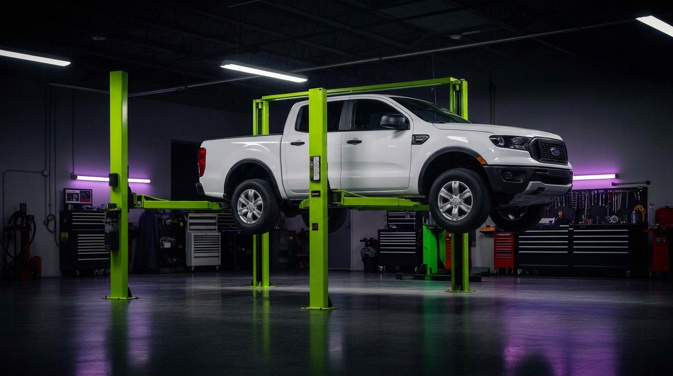 Ford Ranger pickup truck raised on a two-post lift in a professional shop